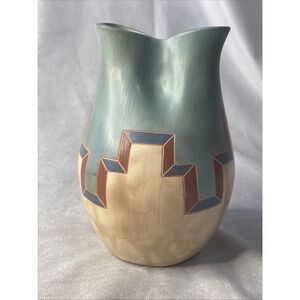 Savage Arts West Ceramic 2-spout Painted Cruet Vase Teal, Ochre, Tan Geometric